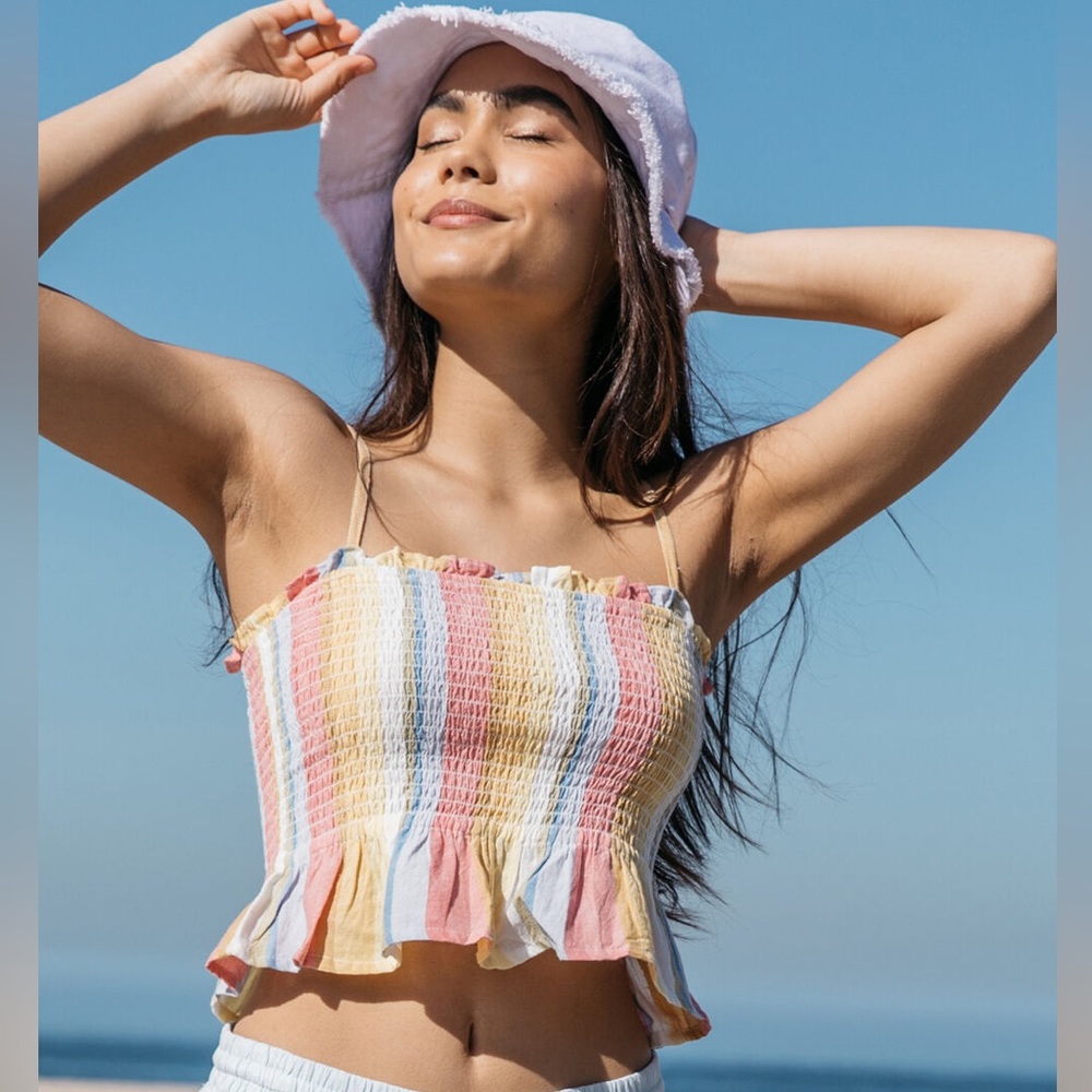 Billabong Smocked Ruffle Crop Tank Top pastel stripes size Medium